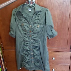 Olive green dress below the knee brown buttond